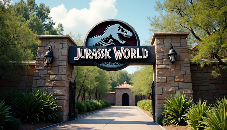 Close-up view of a Jurassic World theme park entrance sign with dinosaur imagery