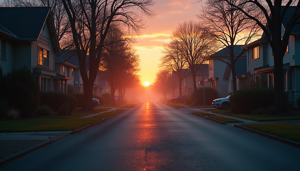 The Good Place neighborhood glowing at dusk