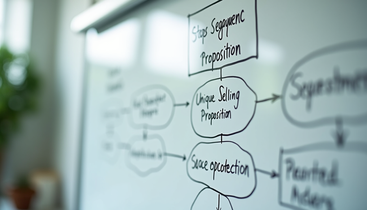 Close-up view of a whiteboard with a flowchart outlining USP development steps