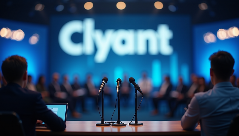 Press conference setup with microphones and company backdrop
