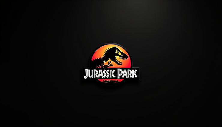 Eye-level view of the original Jurassic Park logo on a dark background