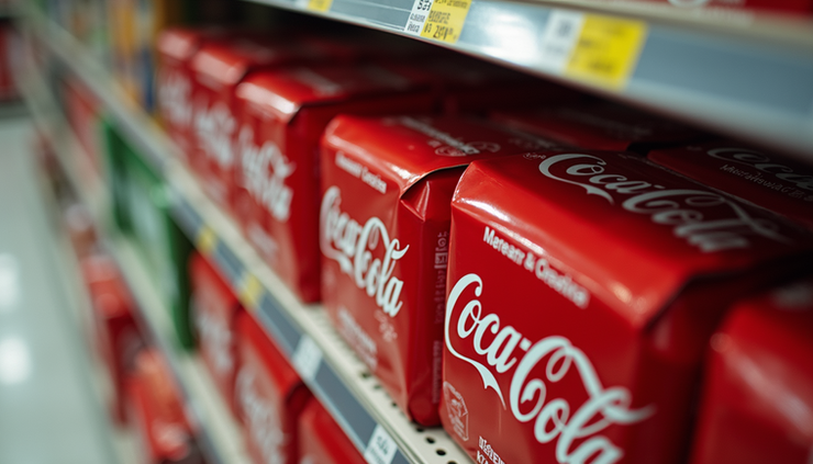 High angle view of a retail shelf with Coca-Cola products showing consistent packaging