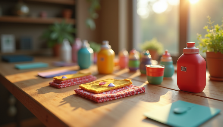 Eye-level view of a colorful product display on a wooden table