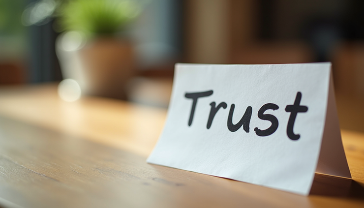 Eye-level view of a handwritten note with the word "Trust" on a wooden table