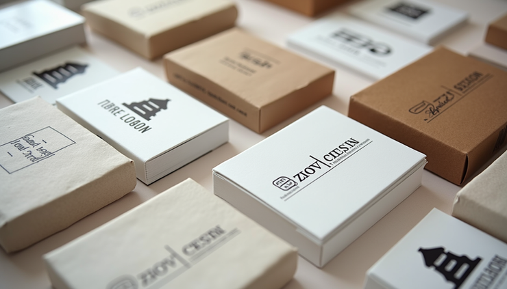 High angle view of printed brand logos on various materials