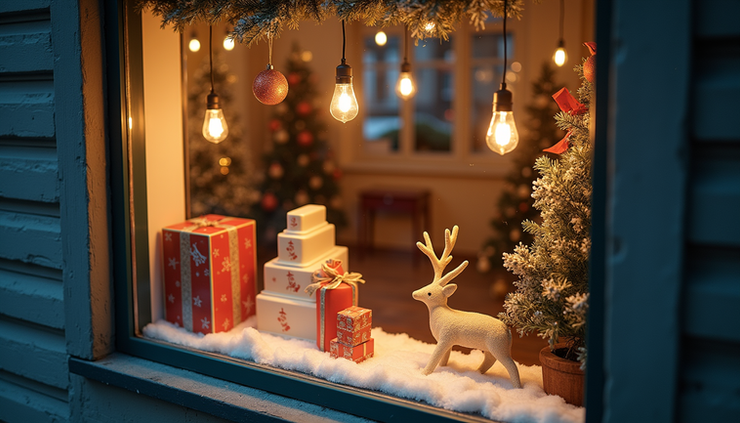 High angle view of a small shop window decorated for a local holiday