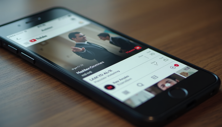 High angle view of a smartphone displaying a YouTube channel page with subscriber count