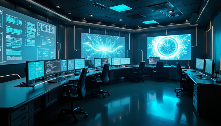 High angle view of a futuristic control room with holographic interfaces and ambient lighting