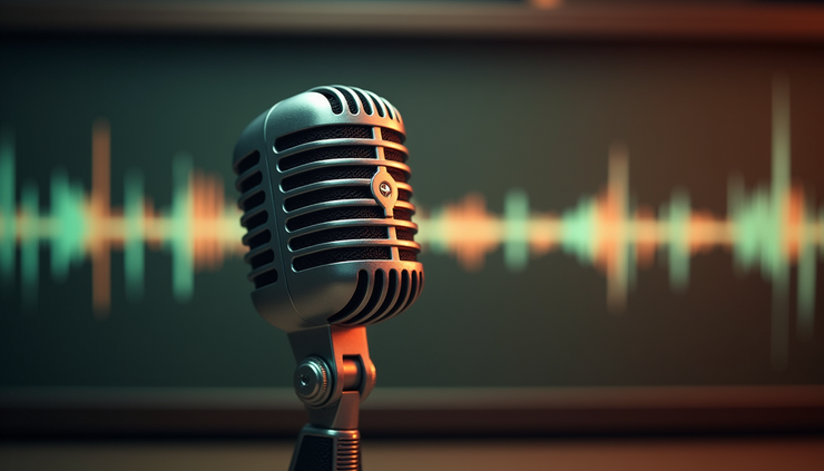 Close-up view of a vintage microphone with radio waves illustration in the background