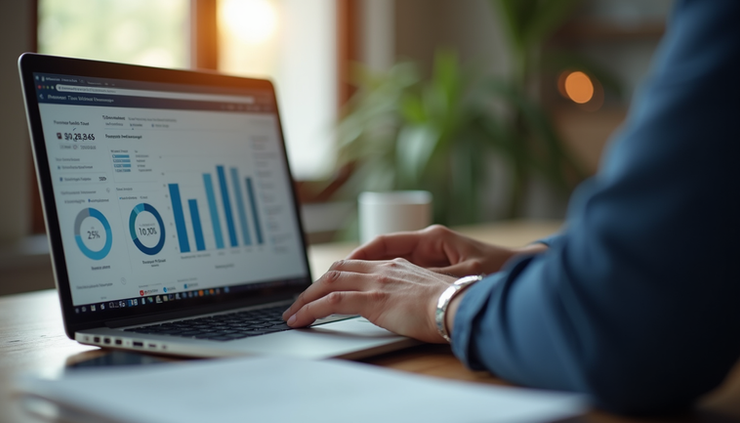 Close-up view of a marketer analyzing customer data on a laptop screen