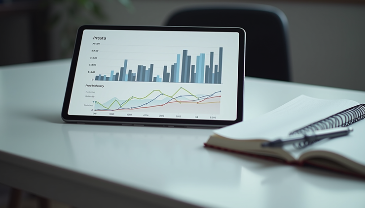 Eye-level view of a desk with a notebook and pen next to a tablet showing marketing metrics