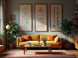Living room set inspired by science and nerd culture from The Big Bang Theory