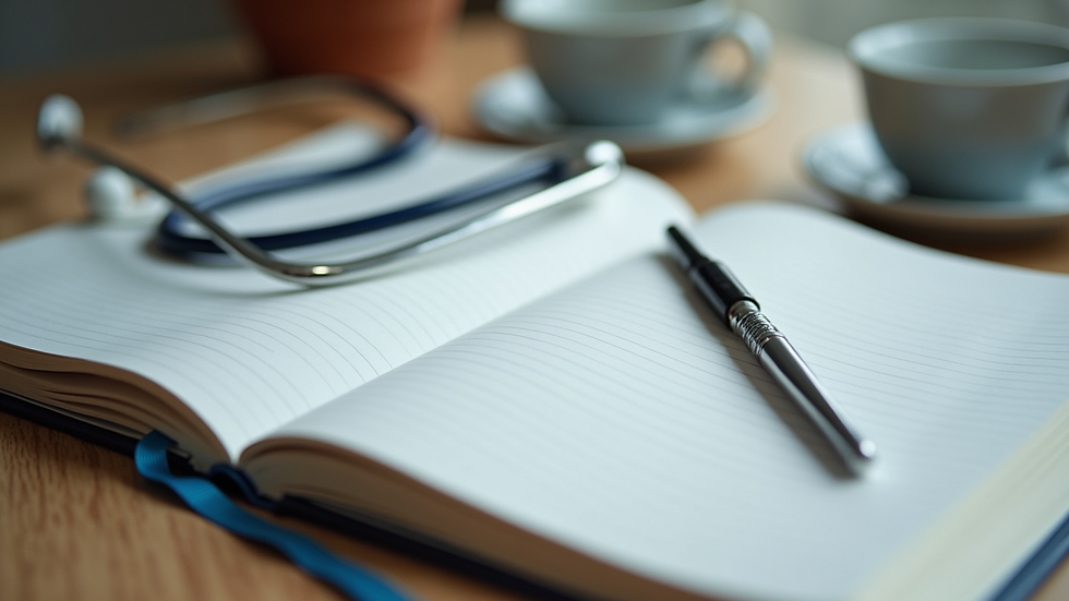 Eye-level view of open notebook and therapeutic tools