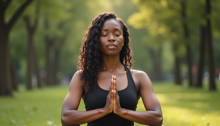 High angle view of a Black woman practicing yoga outdoors, symbolizing self-care and health