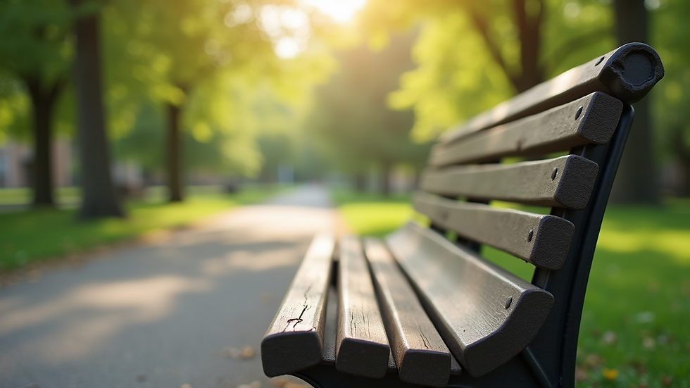 Eye-level view of a peaceful park bench symbolizing a fresh start