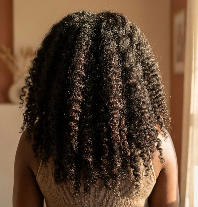 Side-by-side before and after using Zoë + Zuri Haitian Black Castor Oil – left shows thinning and breakage, right shows thicker, healthier, stronger hair