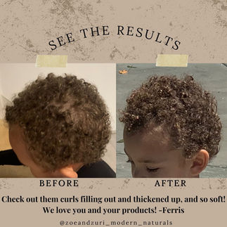Side-by-side before and after using Haitian Black Castor Oil on baby hair – left shows fine, sparse hair, right shows thicker, healthier, and nourished hair