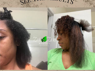 Side-by-side before and after using Zoë + Zuri Haitian Black Castor Oil – left shows thinning and breakage, right shows thicker, healthier, stronger hair
