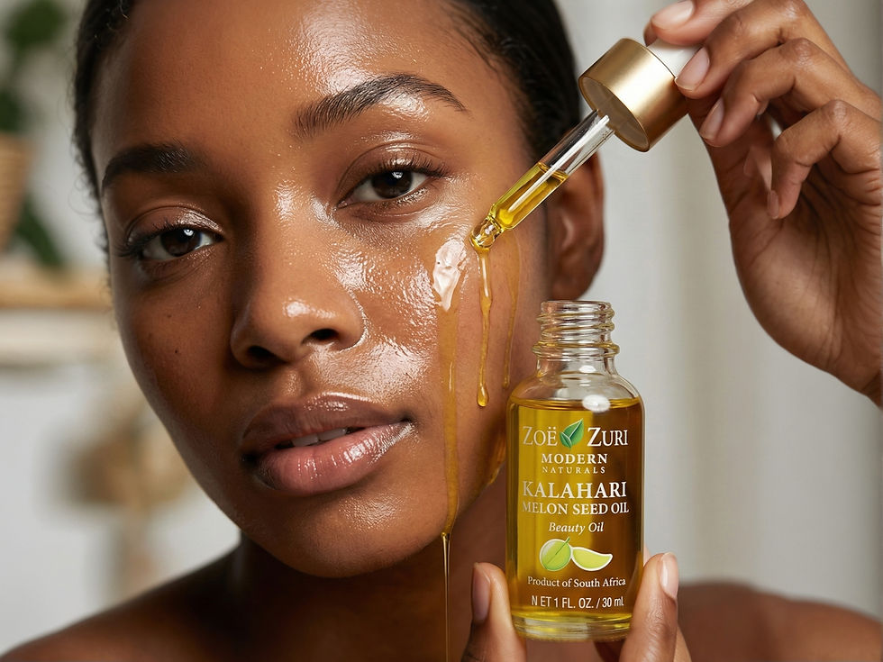 Premium cold-pressed Kalahari melon seed oil in a sleek, eco-friendly glass bottle by Zoe & Zuri, perfect for natural skincare routines.