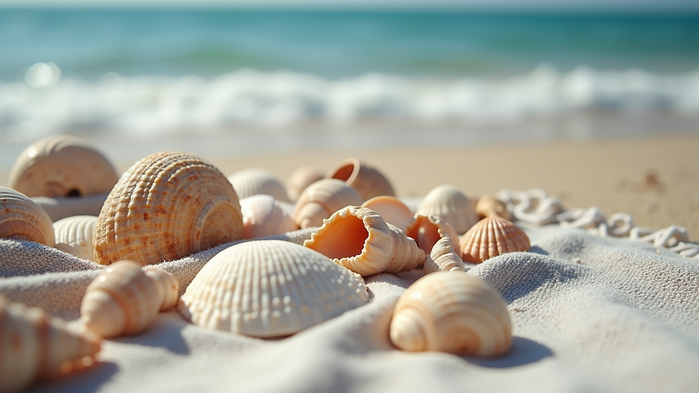Close-up view of a collection of various seashells on a beach towel