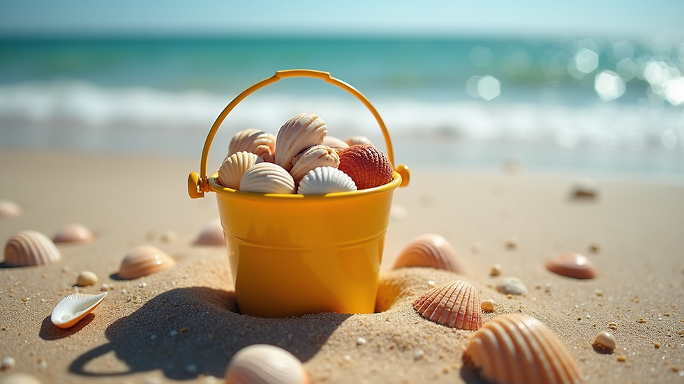 Eye-level view of a small bucket filled with colorful seashells on sandy beach