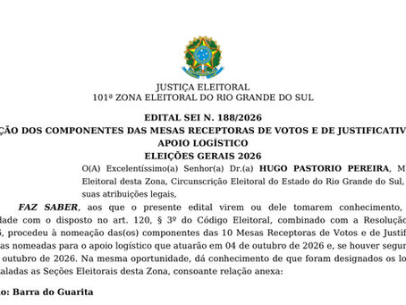 Mesários nomeados para as Eleições Gerais 2026 de Barra do Guarita