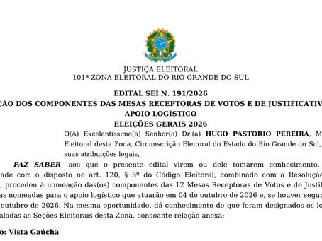 Mesários nomeados para as Eleições Gerais 2026 de Vista Gaúcha