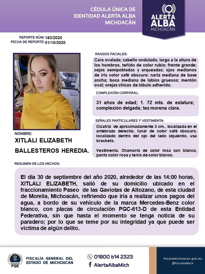 De acuerdo al reporte 183/2020 de Alerta Alba, Xitlali de 31 años salió de su domicilio ubicado en el Fraccionamiento Paseo de las Gaviotas de Altozano a las 14 horas del miércoles 30 de septiembre para realizar unos pagos del OOAPAS,