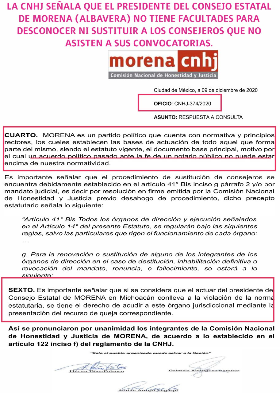 CNHJ regaña al CEE Michoacán; "No tiene facultades para decidir alianzas ni sustituir consejeros"