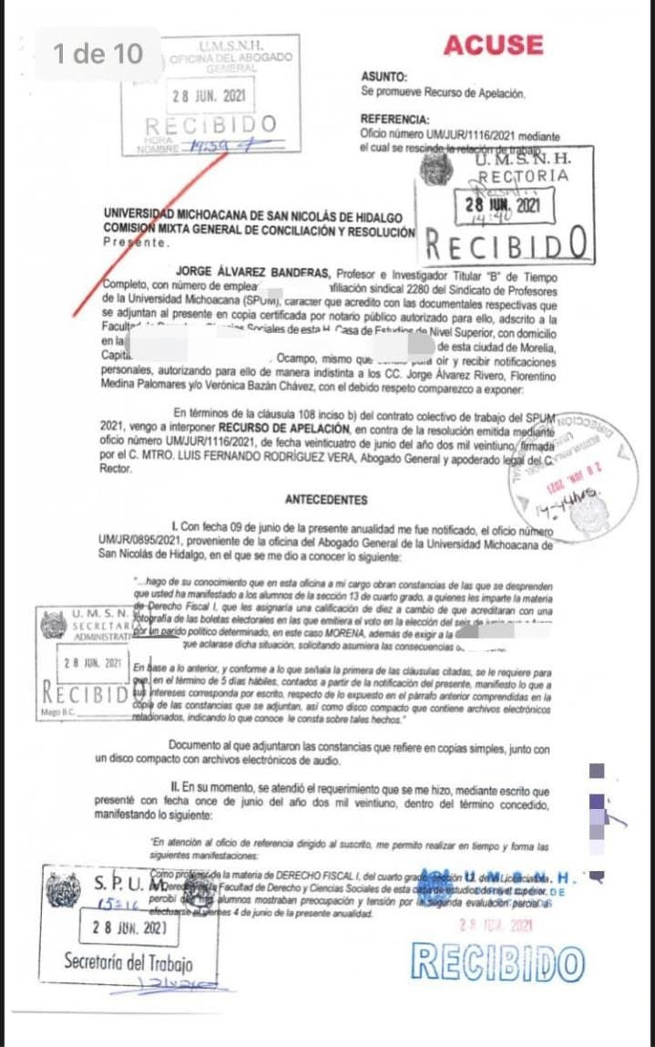 Con el apoyo del SPUM y alumnos, Jorge Álvarez Banderas apela su inhabilitación de la UMSNH