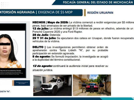 Detienen a mujer que intentó extorsionar a empresario aguacatero con 1.9 mdp, un porshe y una Raptor
