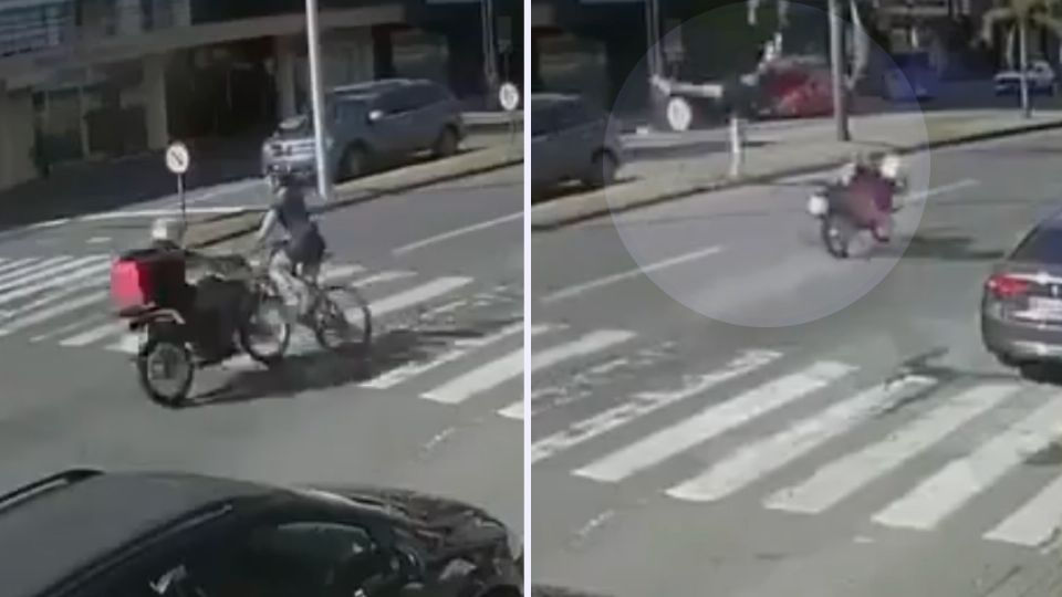 IMÁGENES FUERTES: una chica ciclista es golpeada de frente por una moto que cruzó la calle a exceso de velocidad