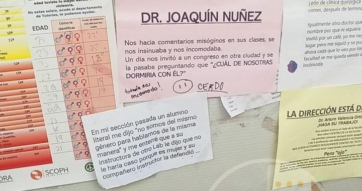 Con pancartas En Facultad de Arquitectura de la #UMSNH, las denuncias de acoso son tanto por mujeres y hombressobre periódico mural de Medicina, estudiantes denuncian acoso por profes y doctores