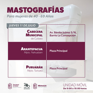 Realizará SSM mastografías gratuitas en 9 municipios de Michoacán
