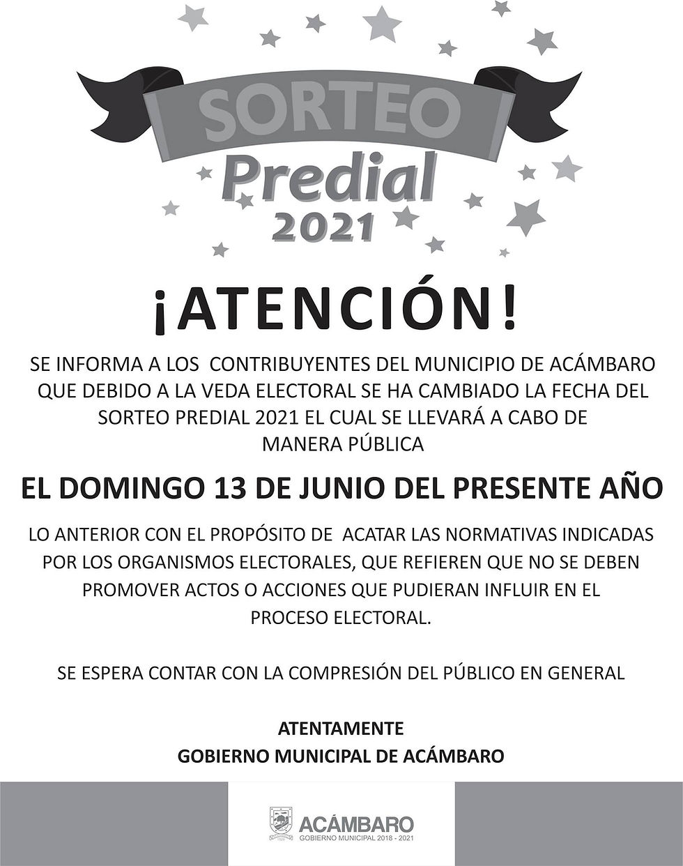 Por veda electoral, se cambia fecha del Sorteo Predial 2021 de Acámbaro