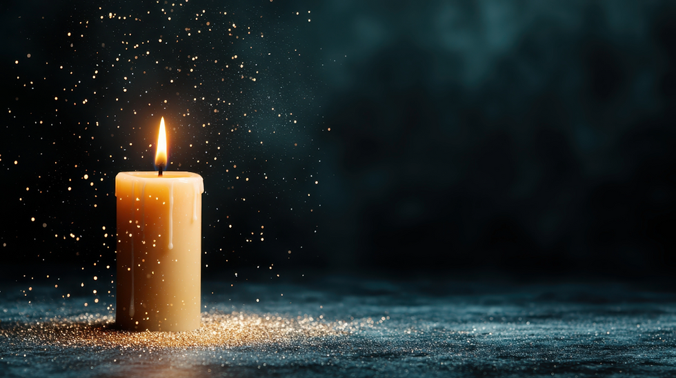 a single burning candle in the dark with some snow dusting down