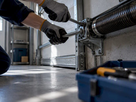 Il tecnico mette in sicurezza le molle del portone