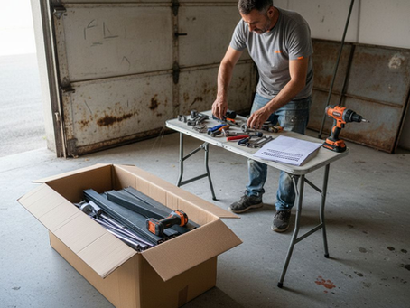 Un uomo prepara lo spazio di lavoro per montare il garage.