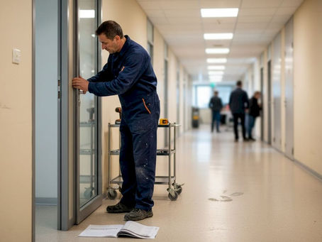 Un tecnico sta montando una nuova porta nel corridoio dell’azienda.