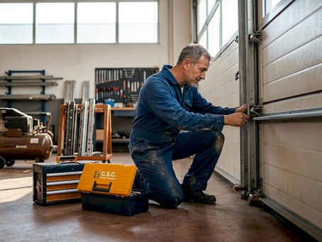 Un tecnico sta effettuando un controllo sulla porta sezionale del garage dell’azienda.
