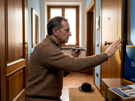 Un uomo verifica se dalla porta di casa sta entrando freddo o si sta disperdendo il calore.