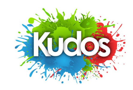 Blue, green, and red paint splats with "Kudos" written in white on top of it.