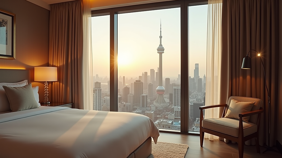 Eye-level view of a luxurious hotel suite with stunning city views