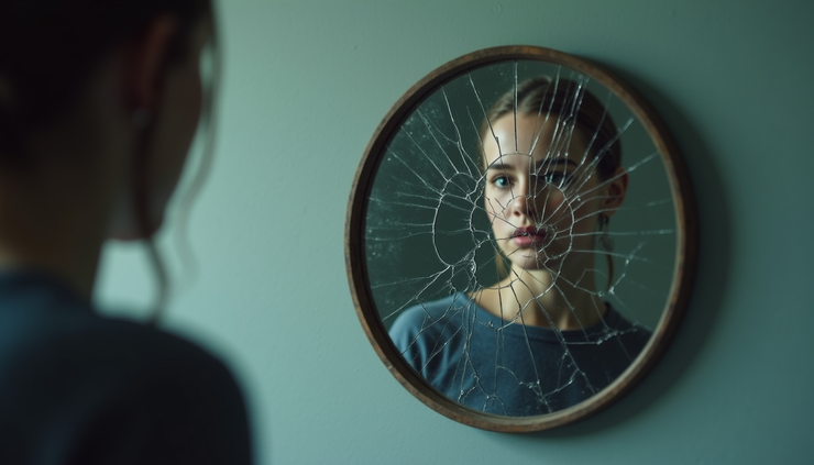 Close-up view of a cracked mirror reflecting a blurred figure