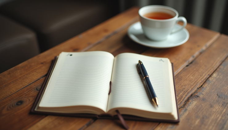 High angle view of a journal and pen on a wooden table with a cup of tea