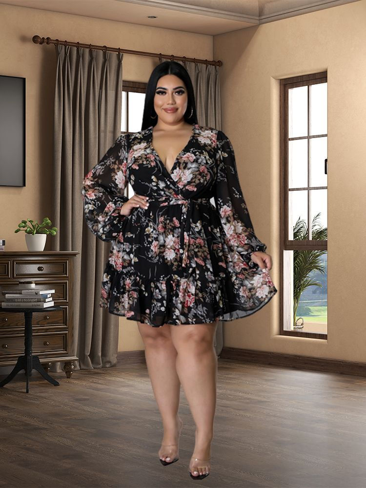 Curvy Floral Chiffon V-Neck Dress