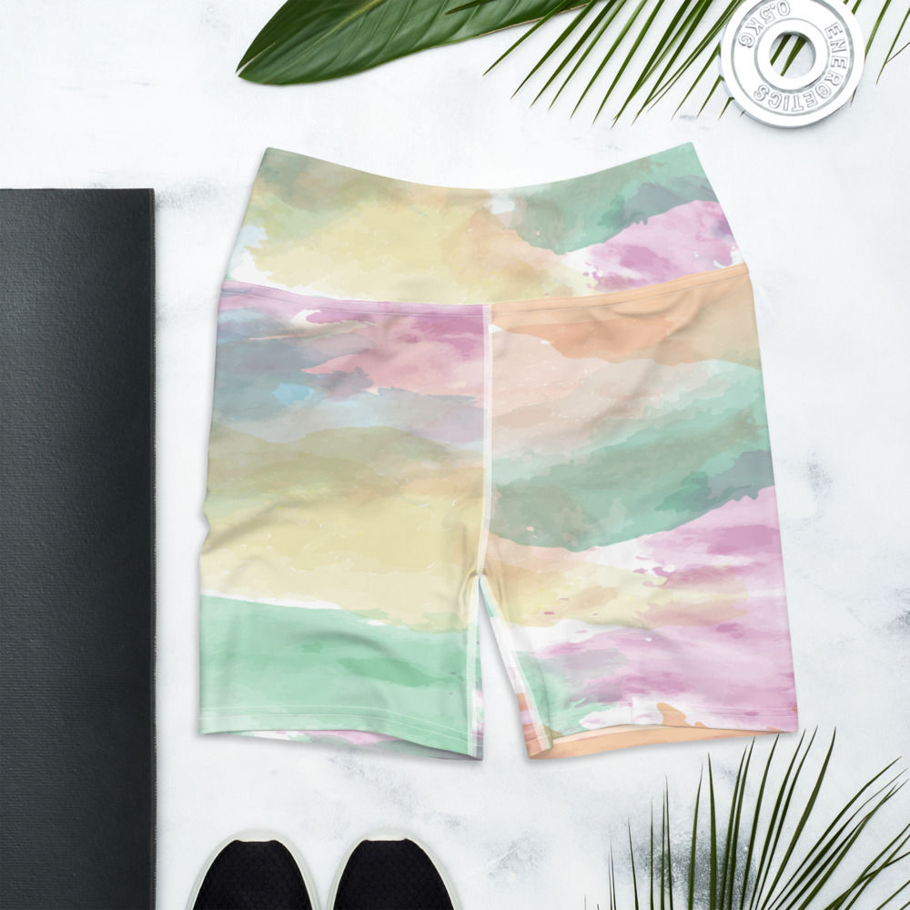 Orange Sunburst Watercolor Tie Dye High Waist Yoga Shorts