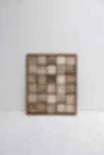Handmade ceramic wall panel with hand-glazed earth-toned ceramic tiles in a solid iroko wood frame