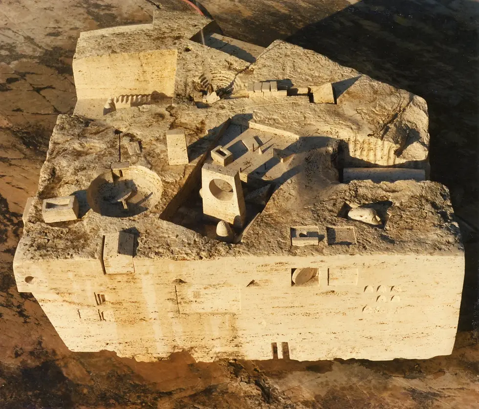 Gonzalo Fonseca monumental architectural stone sculpture, circa 1970s–1980s, large-scale abstract contemporary artwork showcasing geometric and minimalist stone forms.