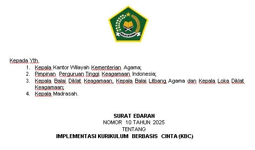 Surat Edaran Dirjen Pendis Kemenag Nomor 10 Tahun 2025 Tentang Implementasi Kurikulum Berbasis Cinta (KBC)
